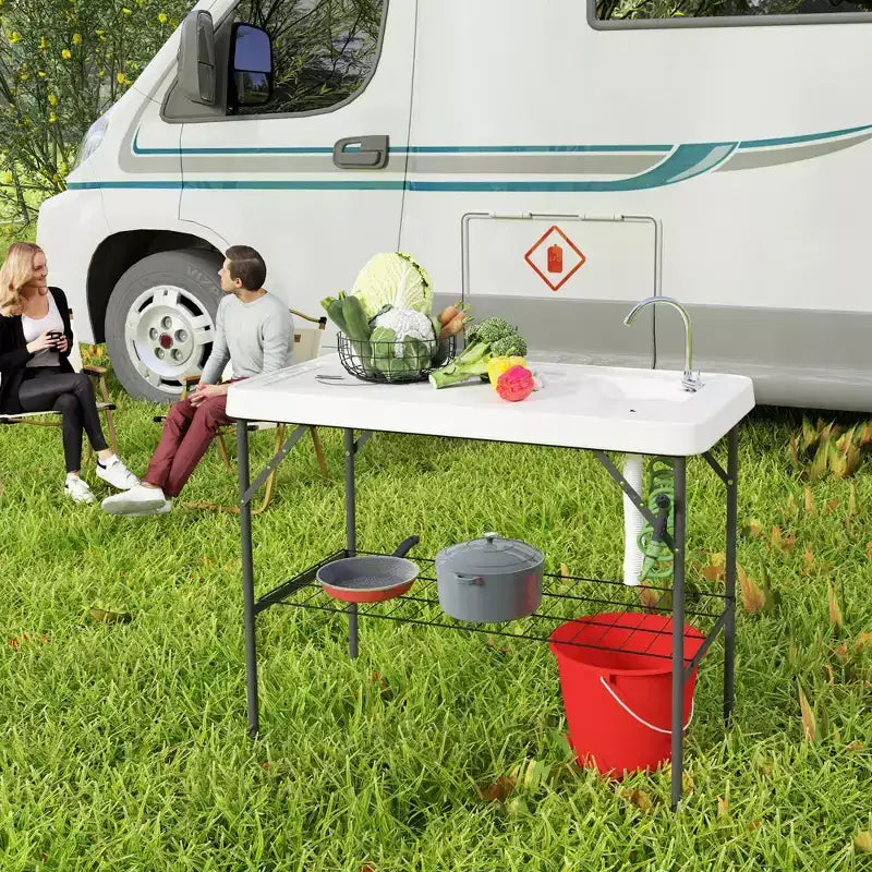 Tavolo Pieghevole per la Pulizia del Pesce con Lavello, Tavolo da Filettatura per Esterni per Picnic, Spiaggia, Patio
