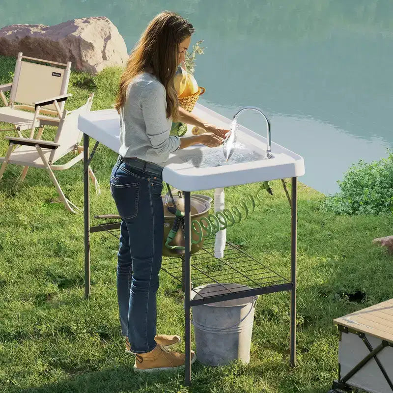 Tavolo Pieghevole per la Pulizia del Pesce con Lavello, Tavolo da Filettatura per Esterni per Picnic, Spiaggia, Patio