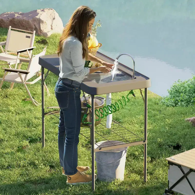Tavolo Pieghevole per la Pulizia del Pesce con Lavello, Tavolo da Filettatura per Esterni per Picnic, Spiaggia, Patio