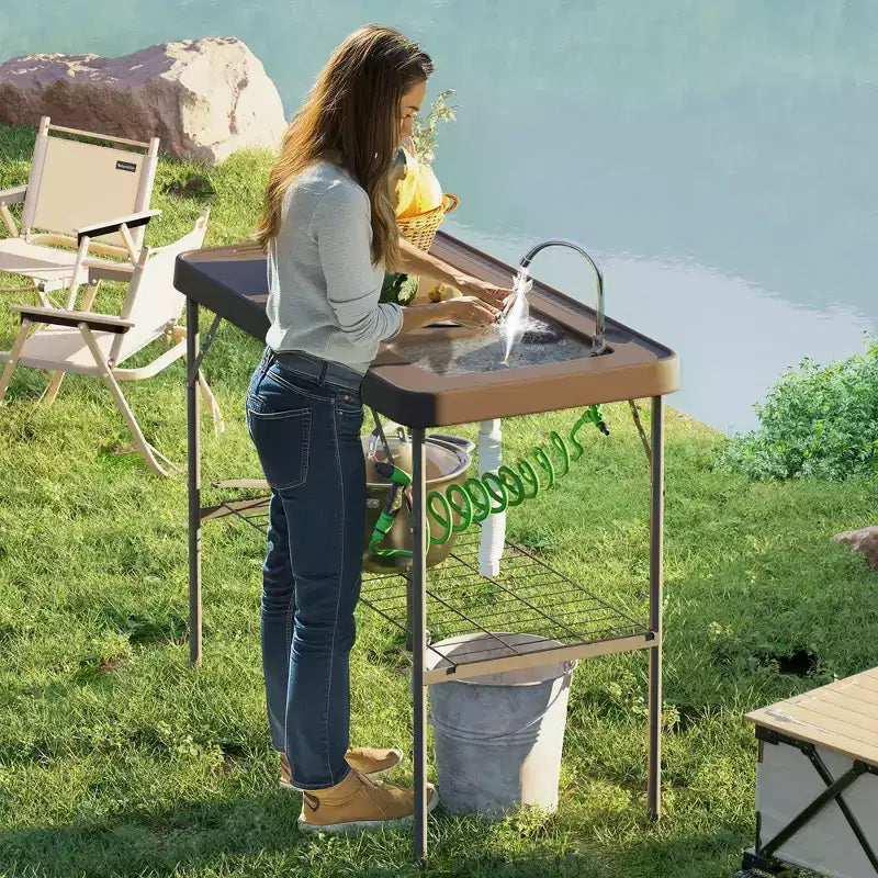 Tavolo Pieghevole per la Pulizia del Pesce con Lavello, Tavolo da Filettatura per Esterni per Picnic, Spiaggia, Patio