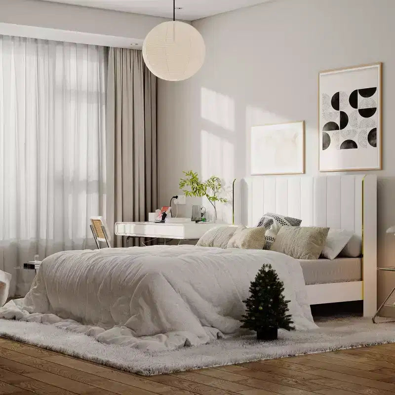 Struttura letto minimalista bianca Queen-Size con testiera imbottita, struttura robusta e lussuosi piedini dorati