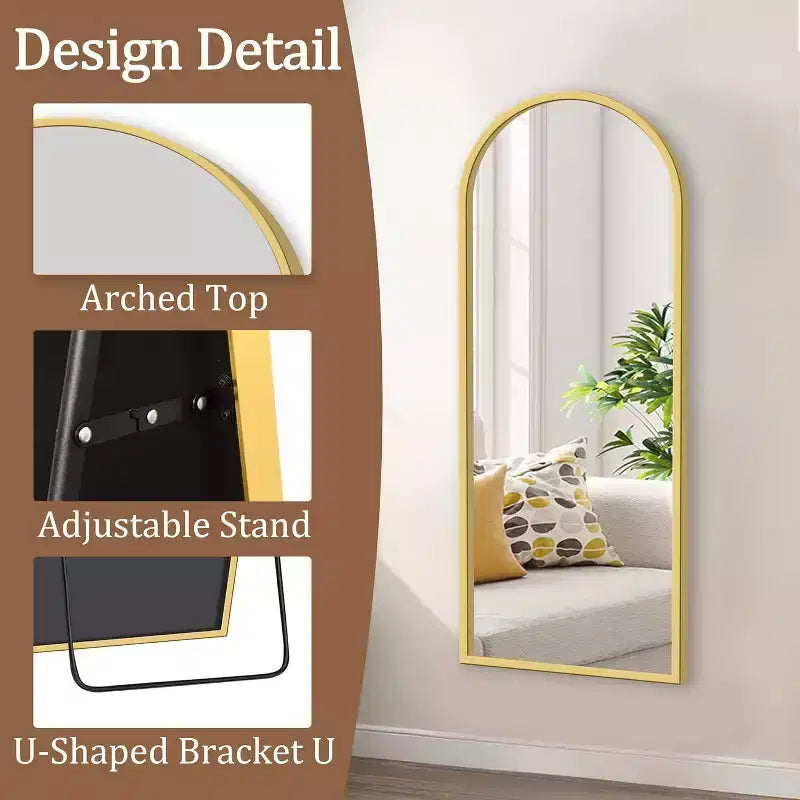 Specchio da terra a figura intera ad arco nero con supporto, 71 L x 32 A