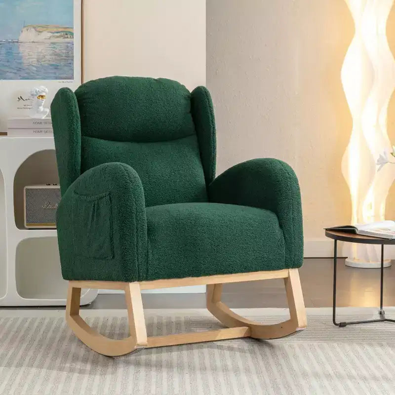 Sedia a dondolo in tessuto Teddy con gambe in legno, avorio