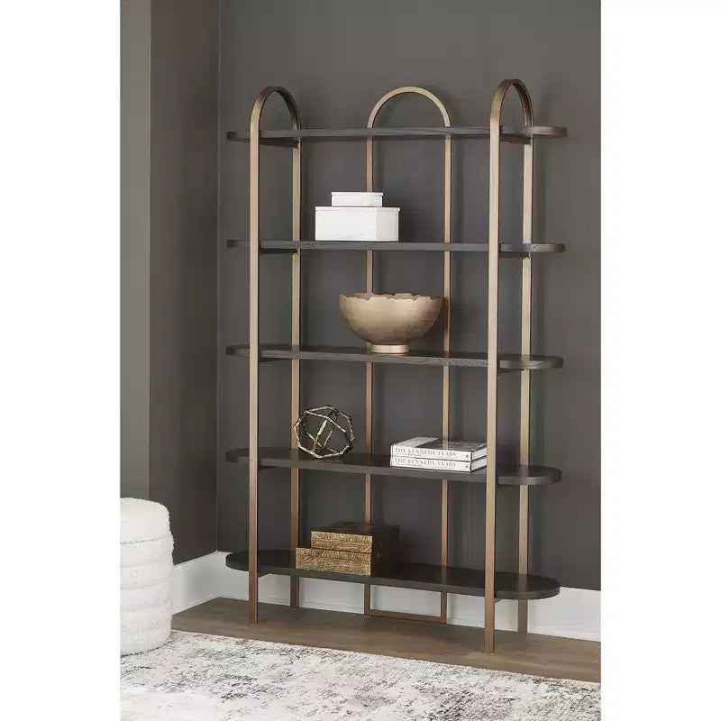 Libreria moderna 72'' con 5 ripiani - Legno marrone e struttura in metallo dorato