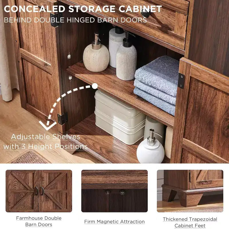 Mobiletto da bagno in stile rustico alto 183 cm, con ripiani regolabili, porta scorrevole "barn door" e 2 cassetti per bagno, soggiorno, cucina