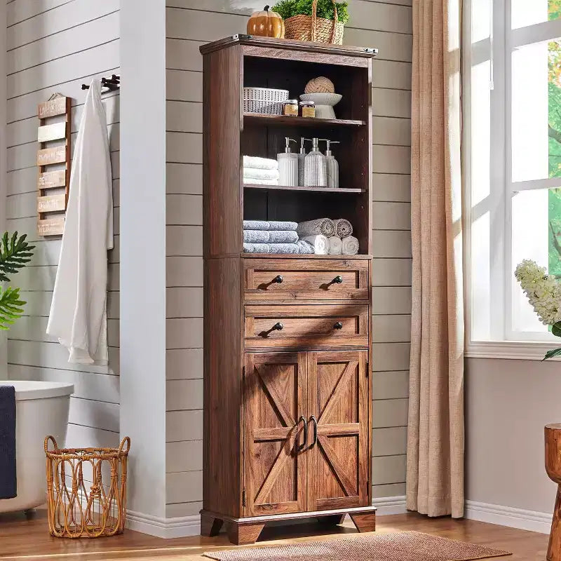 Mobiletto da bagno in stile rustico alto 183 cm, con ripiani regolabili, porta scorrevole "barn door" e 2 cassetti per bagno, soggiorno, cucina