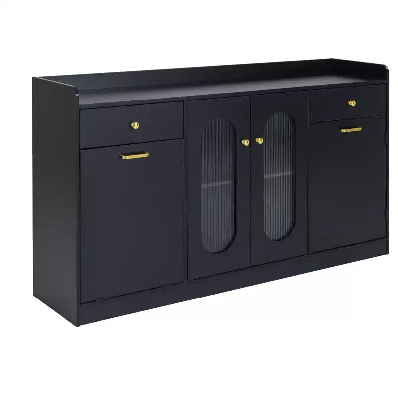 55 Grande Armadietto a Buffet con 2 Ante in Vetro, 2 Cassetti, 2 Ripiani a Scomparti per Cucina Nero/Bianco