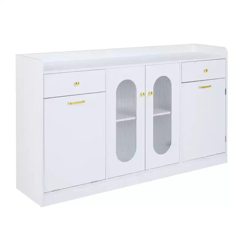 55 Grande Armadietto a Buffet con 2 Ante in Vetro, 2 Cassetti, 2 Ripiani a Scomparti per Cucina Nero/Bianco