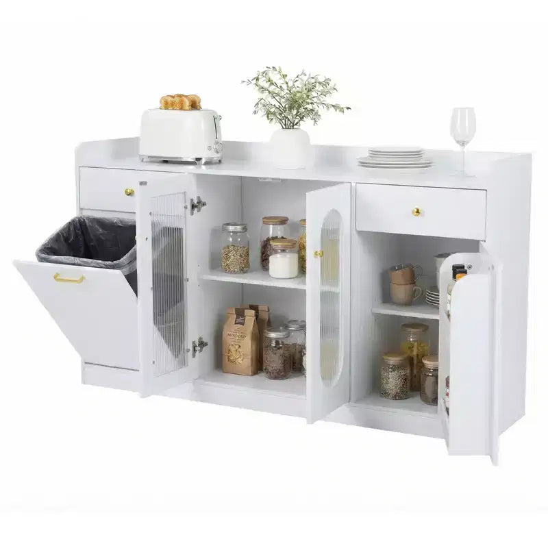 55 Grande Armadietto a Buffet con 2 Ante in Vetro, 2 Cassetti, 2 Ripiani a Scomparti per Cucina Nero/Bianco