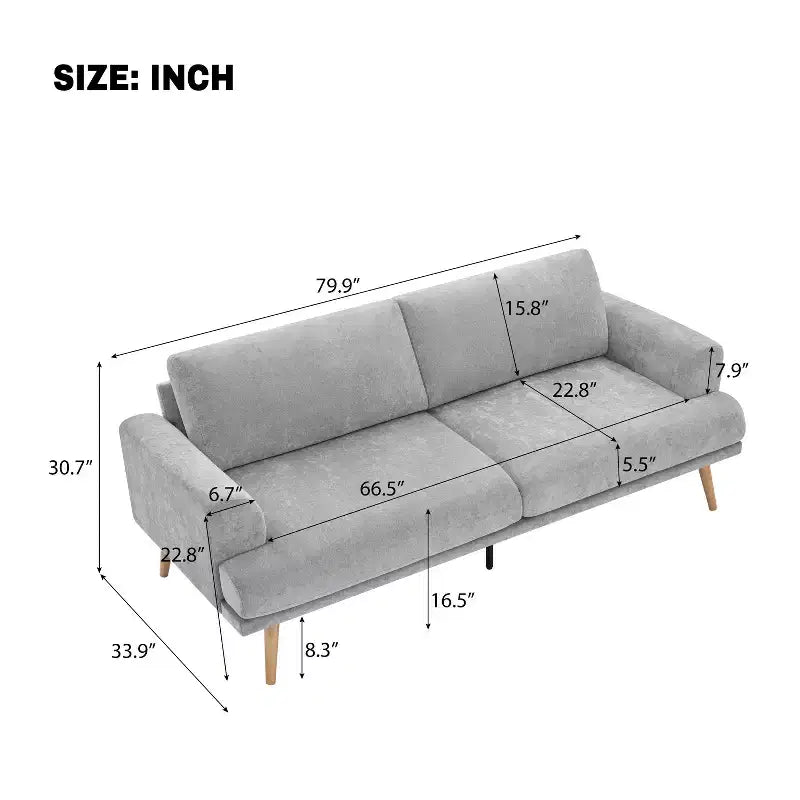 Divano da 79,9" per soggiorno, divano a 3 posti con gambe in legno di gomma, poltrona divano per casa/appartamento, grigio