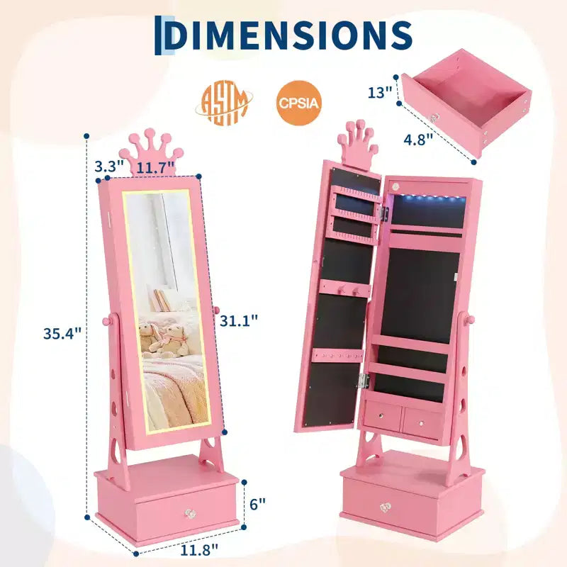 Armadietto portagioie per bambini, organizer portagioie verticale con specchio a figura intera, 3 cassetti portaoggetti, specchio da trucco per bambini