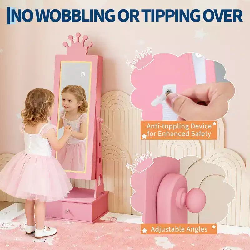 Armadietto portagioie per bambini, organizer portagioie verticale con specchio a figura intera, 3 cassetti portaoggetti, specchio da trucco per bambini
