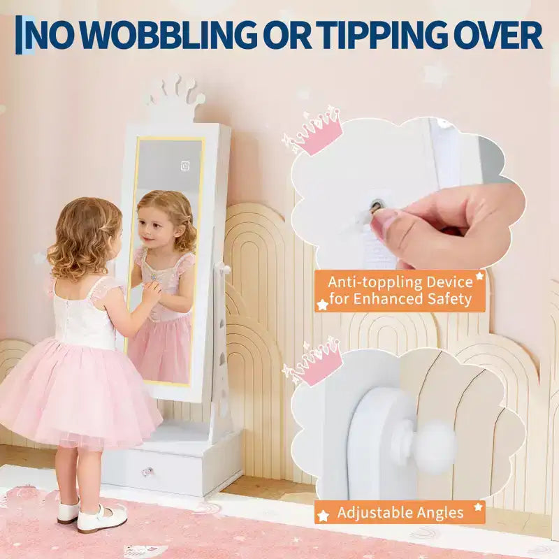 Armadietto portagioie per bambini, organizer portagioie verticale con specchio a figura intera, 3 cassetti portaoggetti, specchio da trucco per bambini