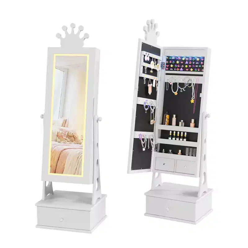 Armadietto portagioie per bambini, organizer portagioie verticale con specchio a figura intera, 3 cassetti portaoggetti, specchio da trucco per bambini