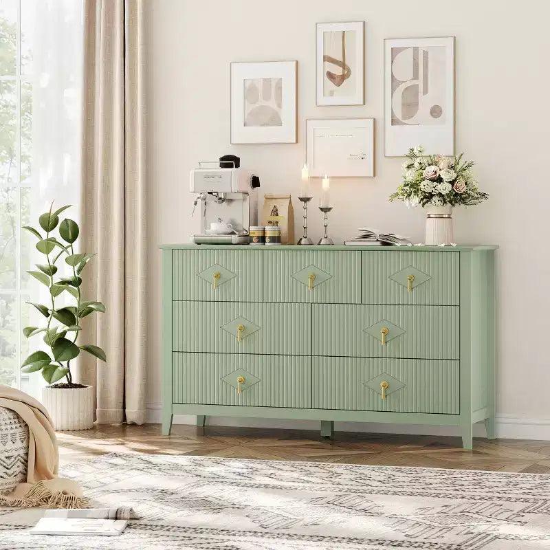 Cassettiera moderna a 7 cassetti, larghezza 137 cm, con maniglie in metallo, in legno, e organizer per camera da letto, soggiorno e ingresso