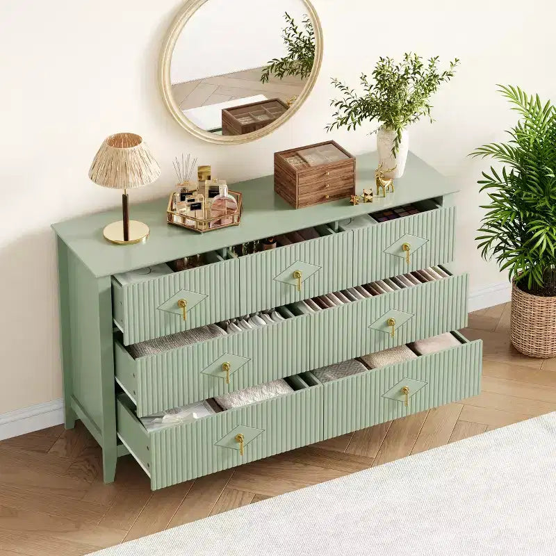 Cassettiera moderna a 7 cassetti, larghezza 137 cm, con maniglie in metallo, in legno, e organizer per camera da letto, soggiorno e ingresso