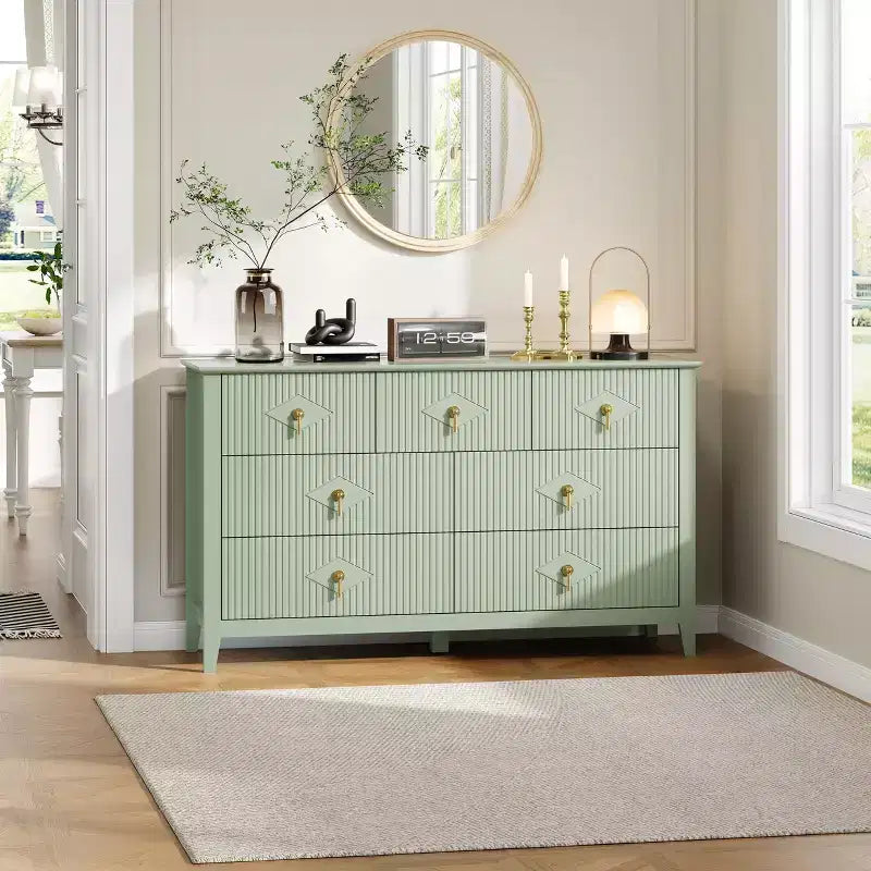 Cassettiera moderna a 7 cassetti, larghezza 137 cm, con maniglie in metallo, in legno, e organizer per camera da letto, soggiorno e ingresso