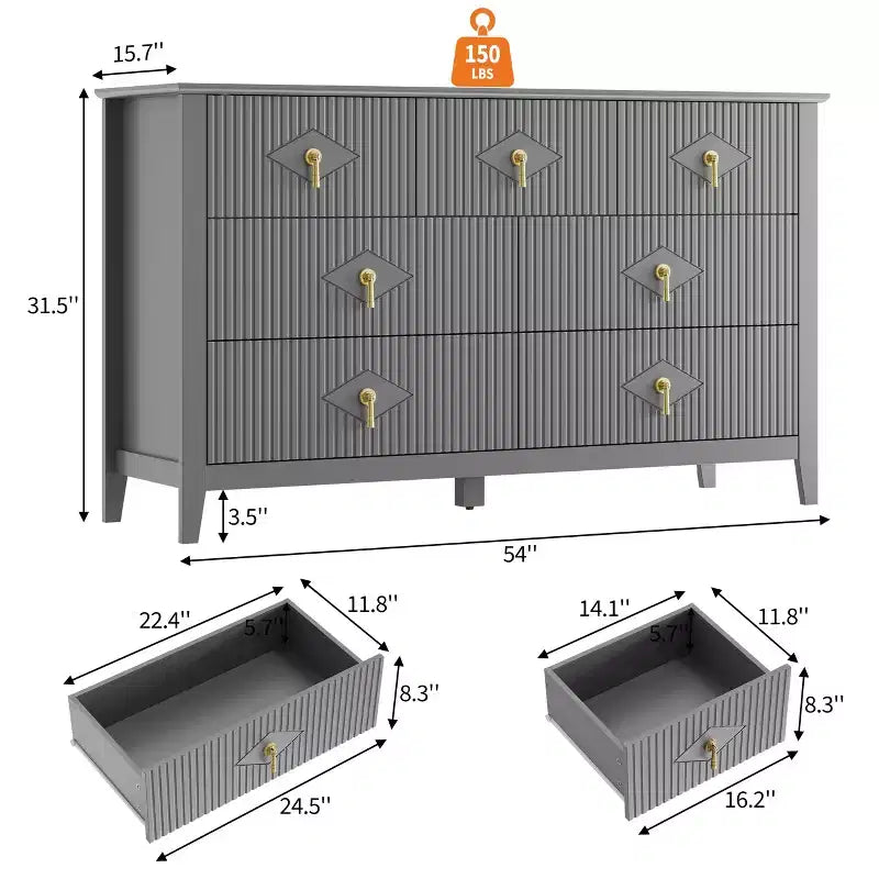 Cassettiera moderna a 7 cassetti, larghezza 137 cm, con maniglie in metallo, in legno, e organizer per camera da letto, soggiorno e ingresso