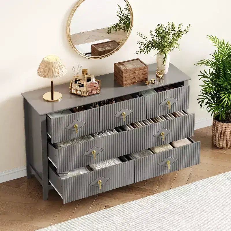 Cassettiera moderna a 7 cassetti, larghezza 137 cm, con maniglie in metallo, in legno, e organizer per camera da letto, soggiorno e ingresso