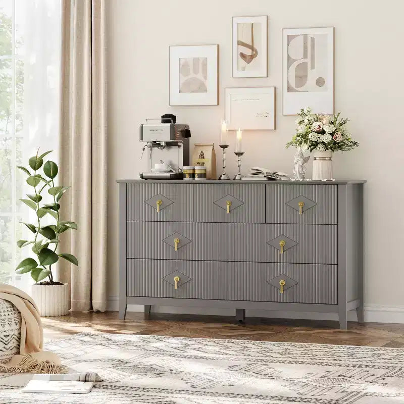 Cassettiera moderna a 7 cassetti, larghezza 137 cm, con maniglie in metallo, in legno, e organizer per camera da letto, soggiorno e ingresso
