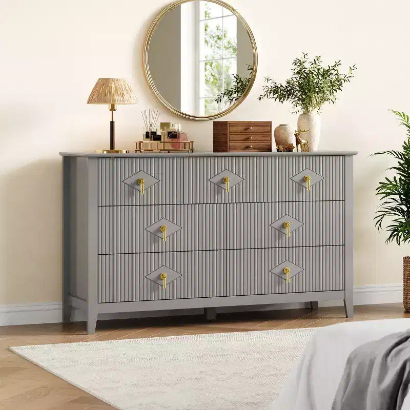 Cassettiera moderna a 7 cassetti, larghezza 137 cm, con maniglie in metallo, in legno, e organizer per camera da letto, soggiorno e ingresso