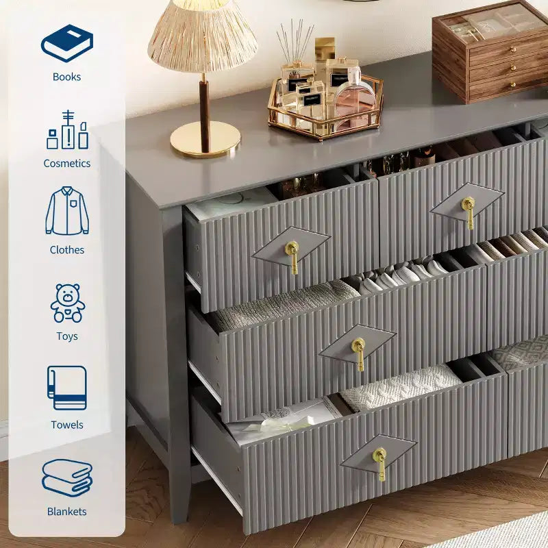 Cassettiera moderna a 7 cassetti, larghezza 137 cm, con maniglie in metallo, in legno, e organizer per camera da letto, soggiorno e ingresso