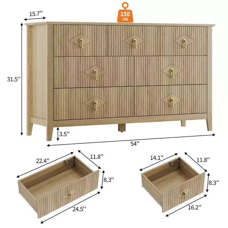 Cassettiera moderna a 7 cassetti, larghezza 137 cm, con maniglie in metallo, in legno, e organizer per camera da letto, soggiorno e ingresso