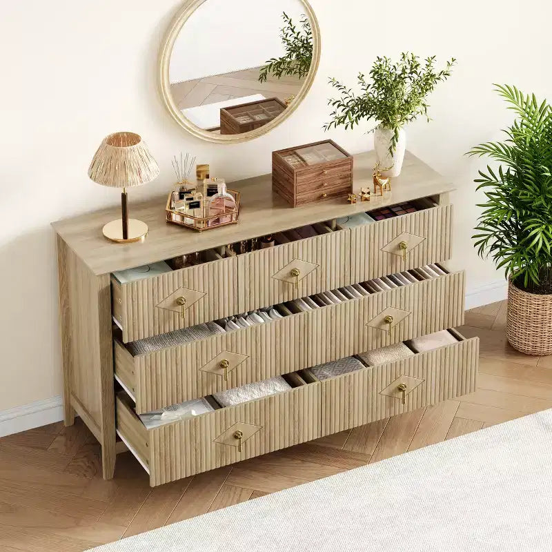 Cassettiera moderna a 7 cassetti, larghezza 137 cm, con maniglie in metallo, in legno, e organizer per camera da letto, soggiorno e ingresso