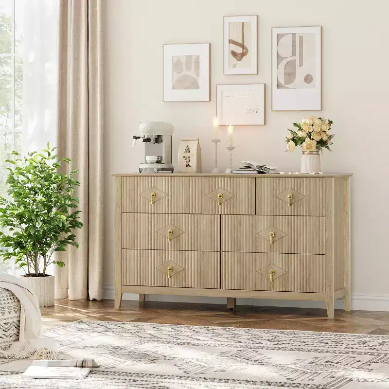 Cassettiera moderna a 7 cassetti, larghezza 137 cm, con maniglie in metallo, in legno, e organizer per camera da letto, soggiorno e ingresso
