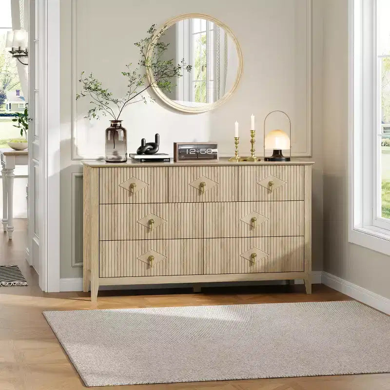 Cassettiera moderna a 7 cassetti, larghezza 137 cm, con maniglie in metallo, in legno, e organizer per camera da letto, soggiorno e ingresso