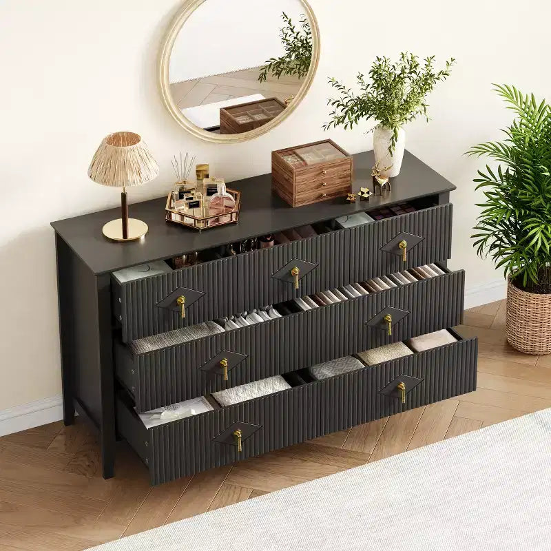 Cassettiera moderna a 7 cassetti, larghezza 137 cm, con maniglie in metallo, in legno, e organizer per camera da letto, soggiorno e ingresso