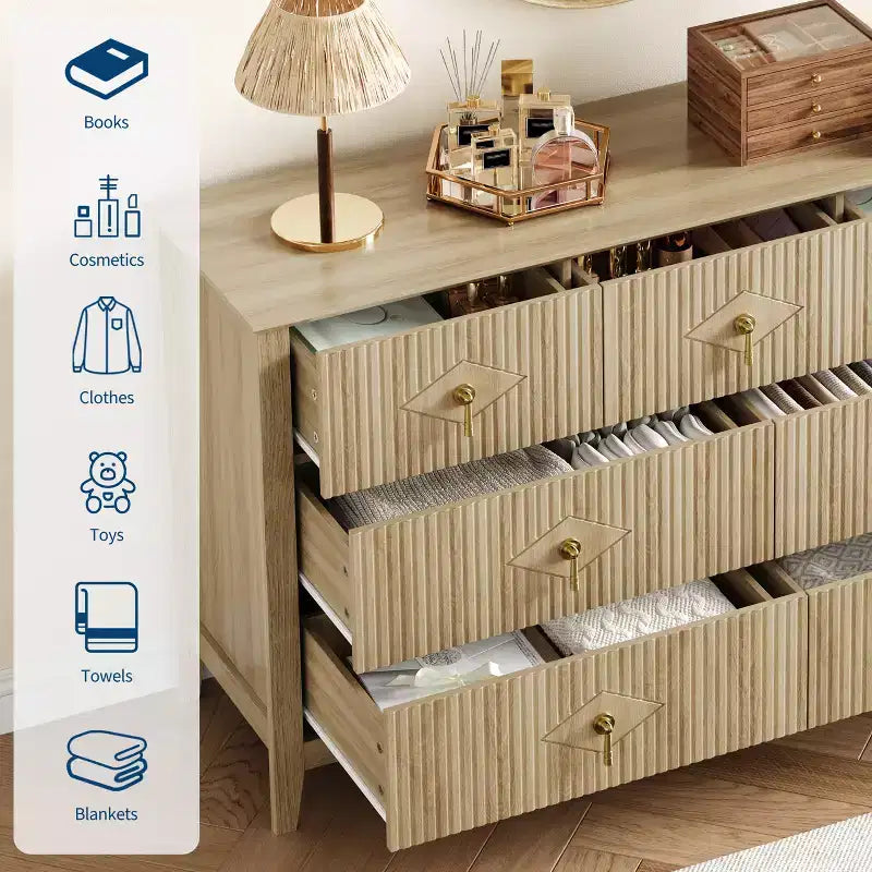 Cassettiera moderna a 7 cassetti, larghezza 137 cm, con maniglie in metallo, in legno, e organizer per camera da letto, soggiorno e ingresso
