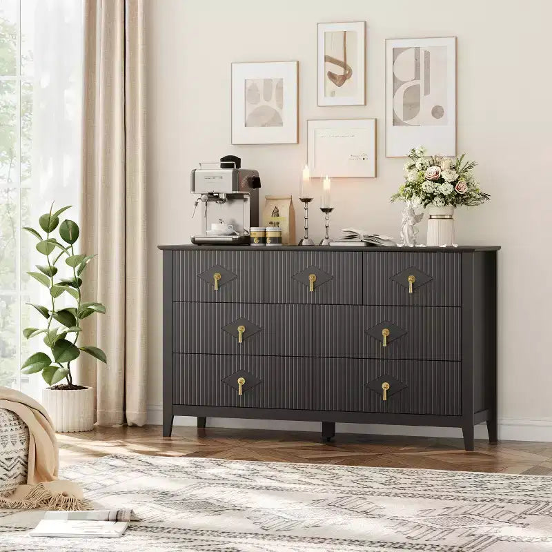 Cassettiera moderna a 7 cassetti, larghezza 137 cm, con maniglie in metallo, in legno, e organizer per camera da letto, soggiorno e ingresso