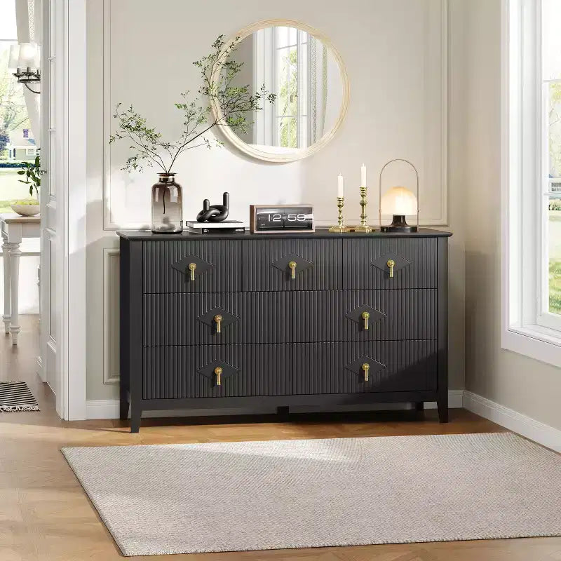 Cassettiera moderna a 7 cassetti, larghezza 137 cm, con maniglie in metallo, in legno, e organizer per camera da letto, soggiorno e ingresso