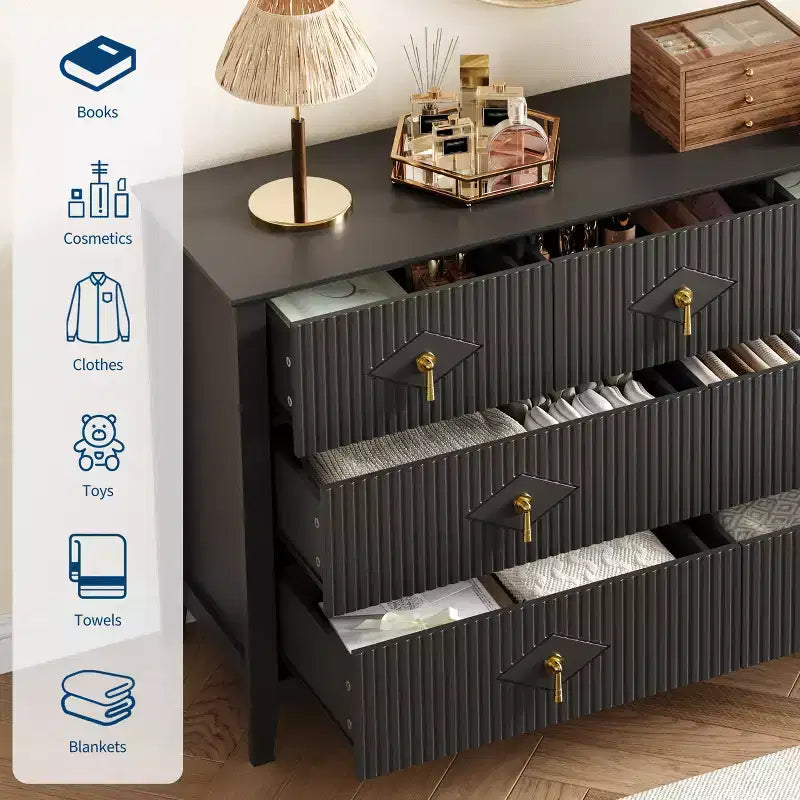 Cassettiera moderna a 7 cassetti, larghezza 137 cm, con maniglie in metallo, in legno, e organizer per camera da letto, soggiorno e ingresso