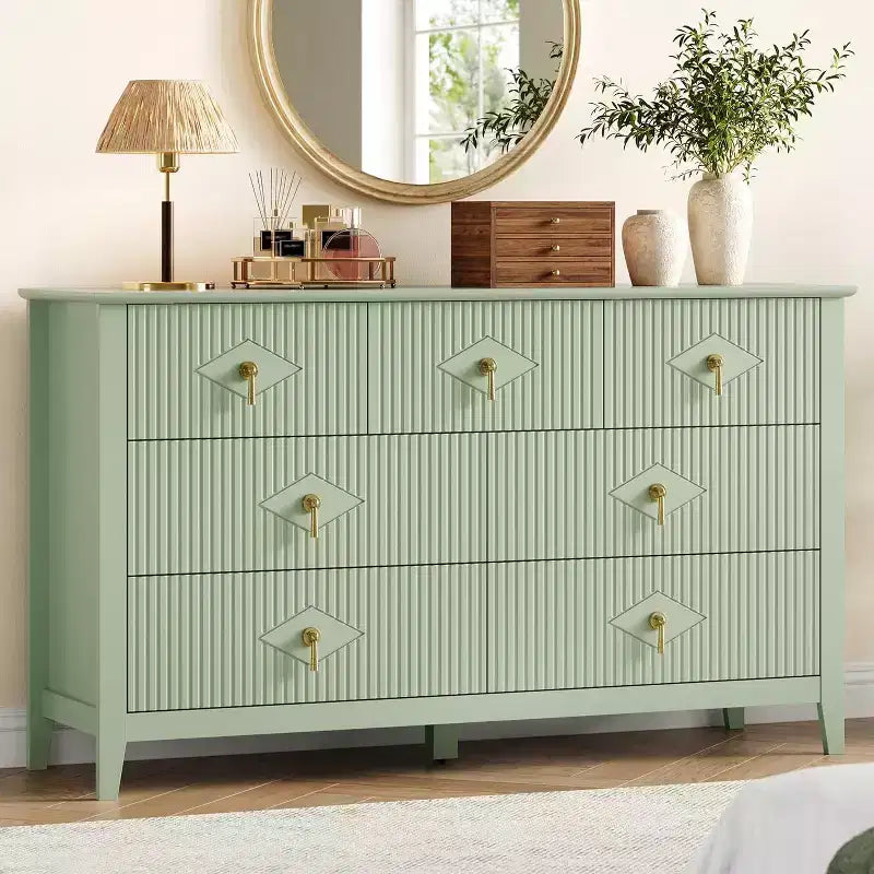 Cassettiera moderna a 7 cassetti, larghezza 137 cm, con maniglie in metallo, in legno, e organizer per camera da letto, soggiorno e ingresso