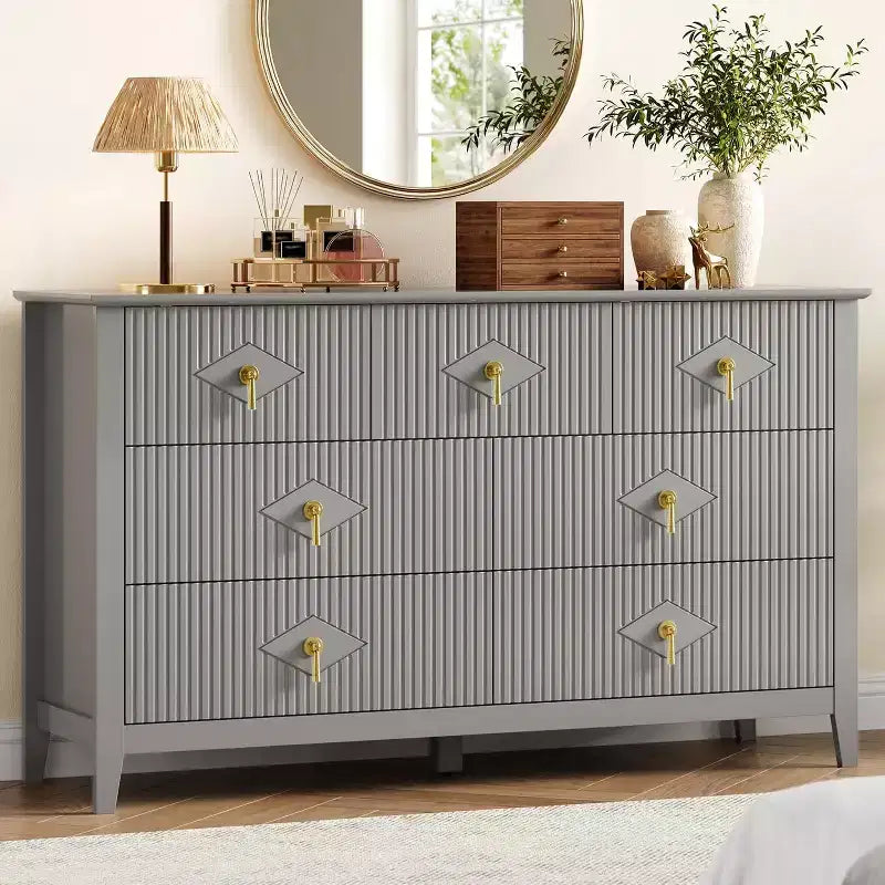 Cassettiera moderna a 7 cassetti, larghezza 137 cm, con maniglie in metallo, in legno, e organizer per camera da letto, soggiorno e ingresso