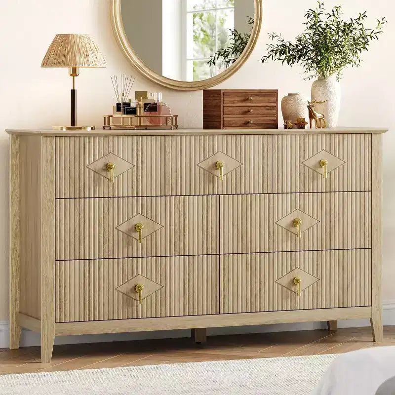 Cassettiera moderna a 7 cassetti, larghezza 137 cm, con maniglie in metallo, in legno, e organizer per camera da letto, soggiorno e ingresso