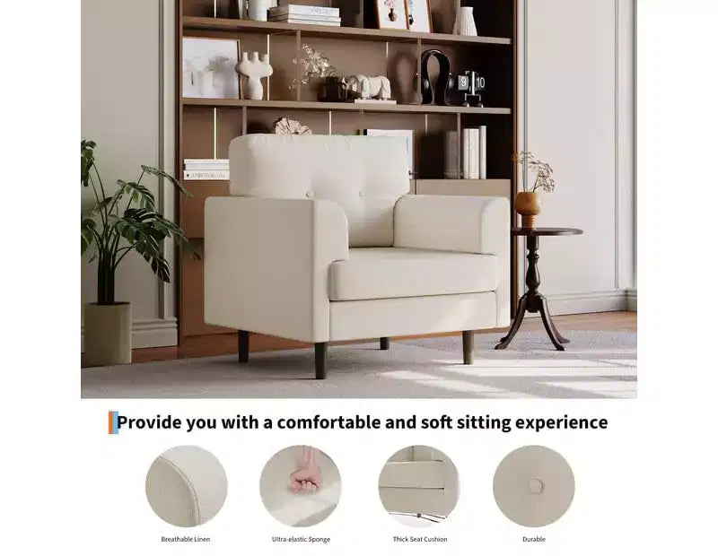Poltrona ergonomica in lino largo 38", poltrona singola moderna con schiuma ad alta densità e braccioli larghi per soggiorno, ufficio e camera da letto