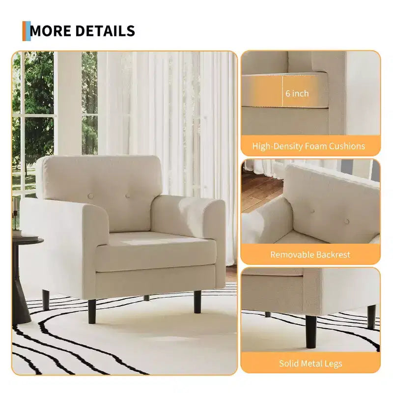 Poltrona ergonomica in lino largo 38", poltrona singola moderna con schiuma ad alta densità e braccioli larghi per soggiorno, ufficio e camera da letto