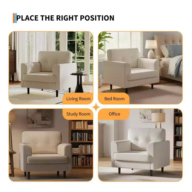 Poltrona ergonomica in lino largo 38", poltrona singola moderna con schiuma ad alta densità e braccioli larghi per soggiorno, ufficio e camera da letto