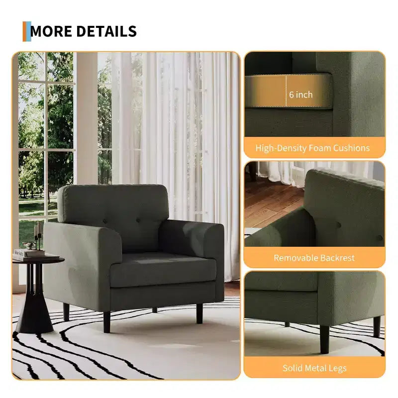Poltrona ergonomica in lino largo 38", poltrona singola moderna con schiuma ad alta densità e braccioli larghi per soggiorno, ufficio e camera da letto