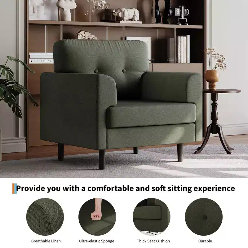 Poltrona ergonomica in lino largo 38", poltrona singola moderna con schiuma ad alta densità e braccioli larghi per soggiorno, ufficio e camera da letto