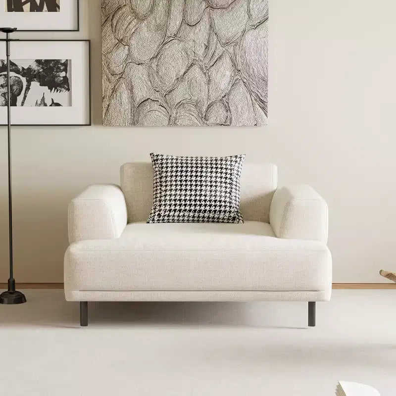 Divano moderno in tessuto traspirante di cotone-lino, struttura in legno massello, cuscino seduta in spugna ad alta elasticità, beige chiaro