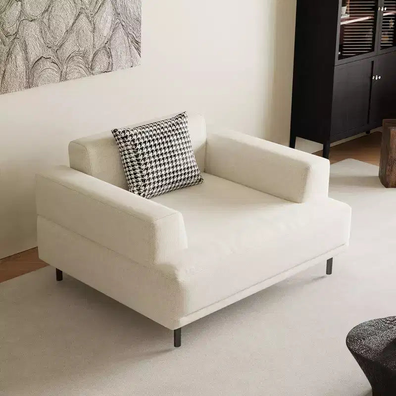 Divano moderno in tessuto traspirante di cotone-lino, struttura in legno massello, cuscino seduta in spugna ad alta elasticità, beige chiaro