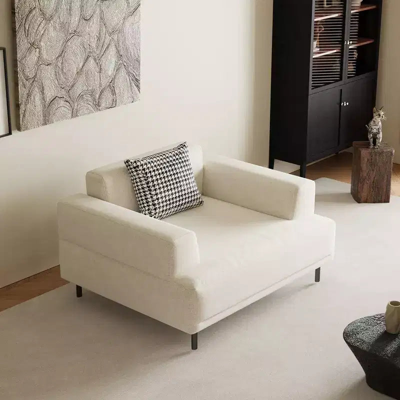 Divano moderno in tessuto traspirante di cotone-lino, struttura in legno massello, cuscino seduta in spugna ad alta elasticità, beige chiaro