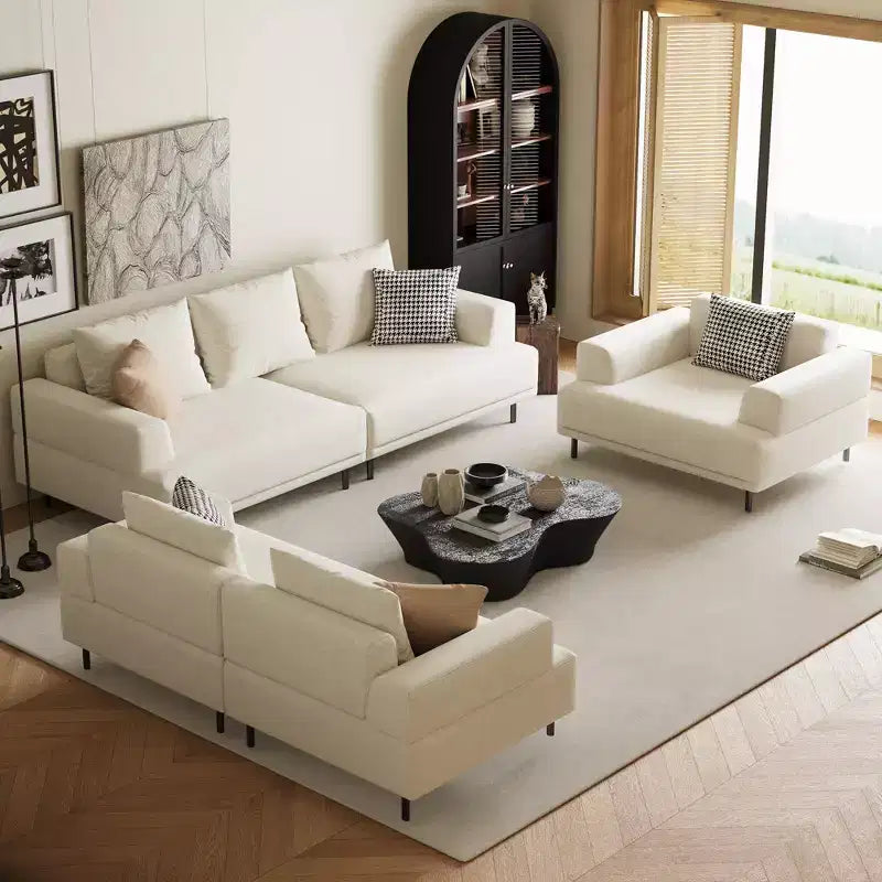 Divano moderno in tessuto traspirante di cotone-lino, struttura in legno massello, cuscino seduta in spugna ad alta elasticità, beige chiaro