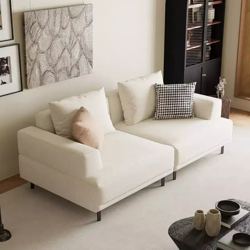Divano moderno in tessuto traspirante di cotone-lino, struttura in legno massello, cuscino seduta in spugna ad alta elasticità, beige chiaro