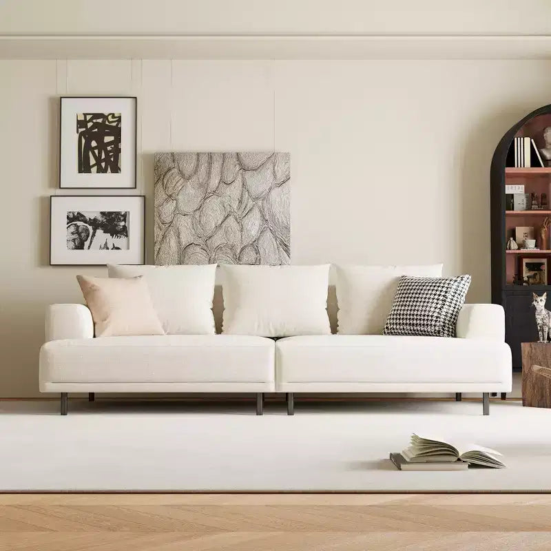 Divano moderno in tessuto traspirante di cotone-lino, struttura in legno massello, cuscino seduta in spugna ad alta elasticità, beige chiaro