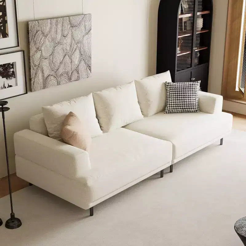 Divano moderno in tessuto traspirante di cotone-lino, struttura in legno massello, cuscino seduta in spugna ad alta elasticità, beige chiaro